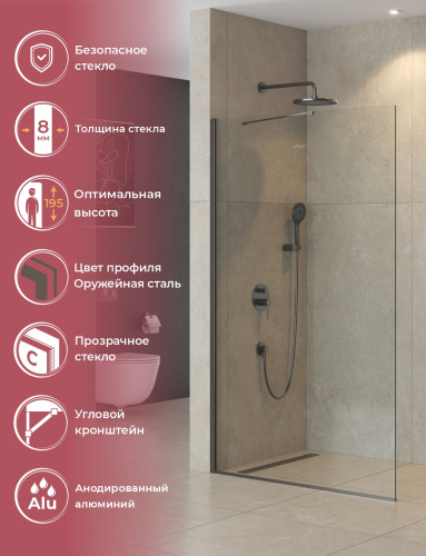Душевая перегородка Cezares LIBERTA LIBERTA-L-1-TB-120-C-GM 120х195 стекло прозрачное профиль оружейная сталь