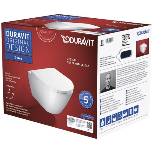 Унитаз подвесной Duravit D-Neo 45770900A1 (2577090000+0021690000) белый с сиденьем микролифт безободковый каскадный смыв