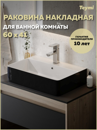 Раковина из сантехнического фарфора Teymi Helmi T50272 61х42 накладная цвет черный/белый