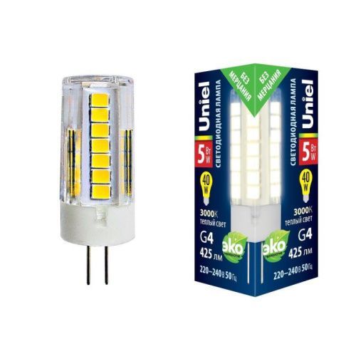 Лампа светодиодная Uniel LED-JC LED-JC-220/5W/3000K/G4/CL GLZ09TR картон