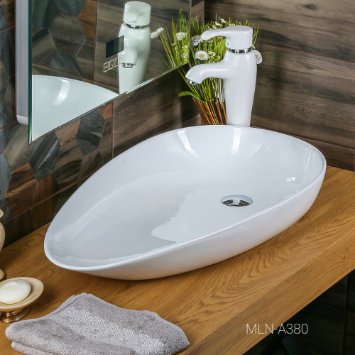 Раковина из сантехнического фарфора Melana A380-805 75х43 накладная цвет белый без отверстий под смеситель