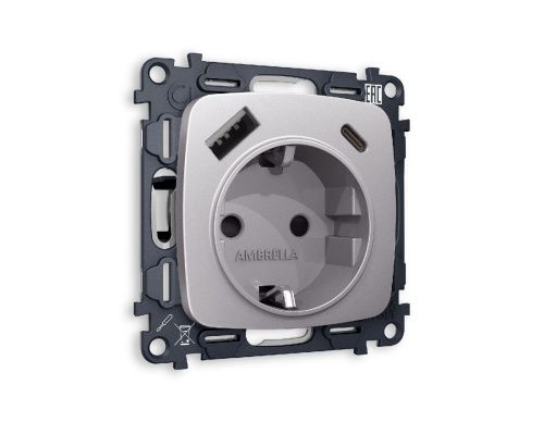 Комплект механизма розетки 2USB A+C 20W (быстрая зарядка) с/з Ambrella Volt Omega (Омега) MO510010