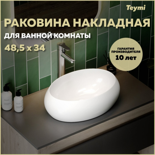 Раковина из сантехнического фарфора Teymi Laina T51301 49х34 накладная цвет белый