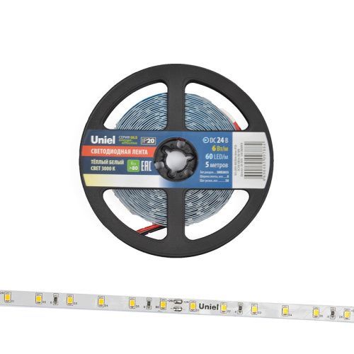 Светодиодная лента Uniel ULS-2835 ULS-2835-60LED/m-8mm-IP20-DC24V-6W/m-5M-WW катушка в герметичной упаковке