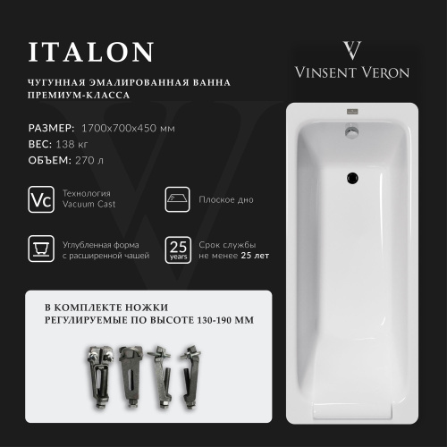 Ванна чугунная Vinsent Veron Italon VIT1707045 170х70 пристенная прямоугольная с ножками