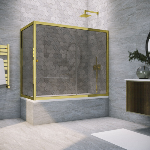 Душевая шторка на ванну Vegas-Glass ZV+ZVF TUR+NOVO ZV+ZVF TUR NOVO 160*70 09 07 160х140 стекло тонированное профиль золото глянцевое