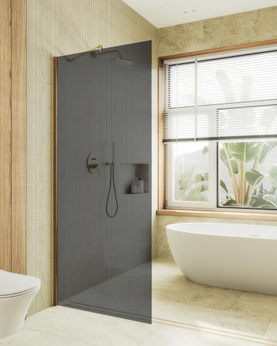 Душевая перегородка Maybah Glass MGD-693-3ш 89х195 стекло тонированное профиль золото глянцевое