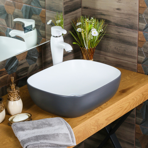 Раковина из сантехнического фарфора Melana A419-CGRW-M-803 49х40 накладная цвет серый без отверстий под смеситель