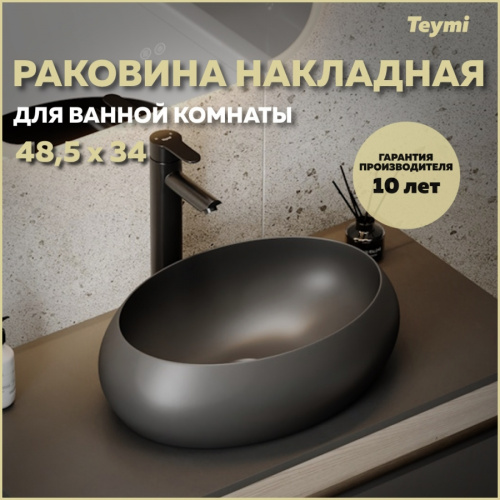 Раковина из сантехнического фарфора Teymi Laina T51302 49х34 накладная цвет черный матовый
