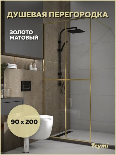 Душевая перегородка Teymi Helmi T00304 90х200 стекло прозрачное профиль золото