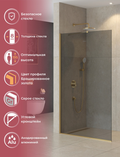 Душевая перегородка Cezares LIBERTA LIBERTA-L-1-TB-120-GR-BORO 120х195 стекло тонированное профиль золото