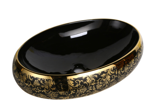 Раковина из сантехнического фарфора MILLEAU BOUTIQUE MU8005-EGBG 61х41 накладная цвет черный с золотом без отверстий под смеситель