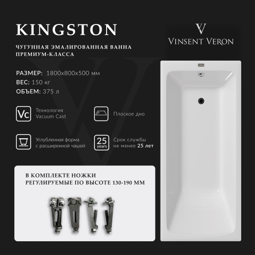 Ванна чугунная Vinsent Veron Kingston VKN1808050 180х80 пристенная прямоугольная с ножками