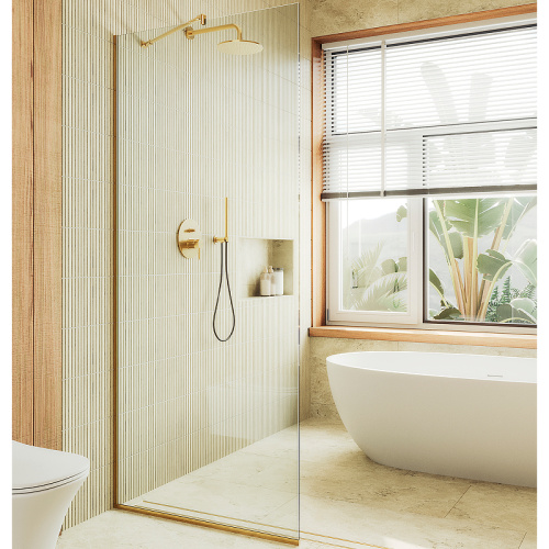 Душевая перегородка Maybah Glass MGD-677-3у 109х195 стекло прозрачное профиль золото глянцевое