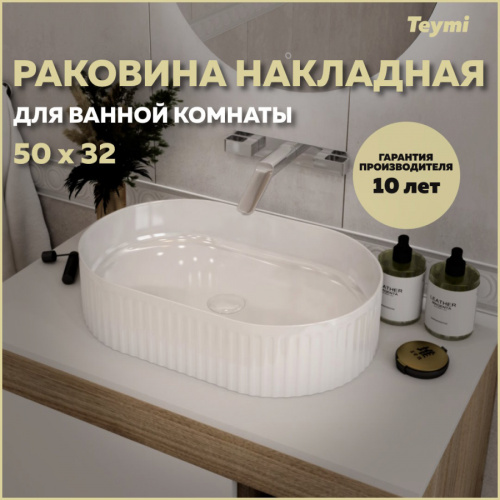Раковина из сантехнического фарфора Teymi Martta T52101 50х32 накладная цвет белый