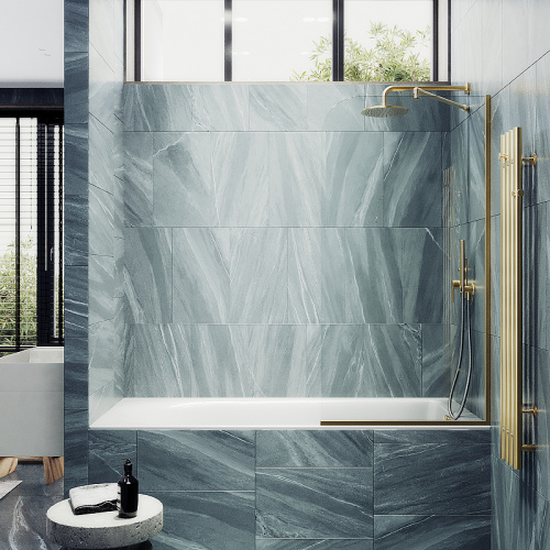 Душевая шторка на ванну Maybah Glass MGV-126-3у 44х140 стекло прозрачное профиль золото глянцевое