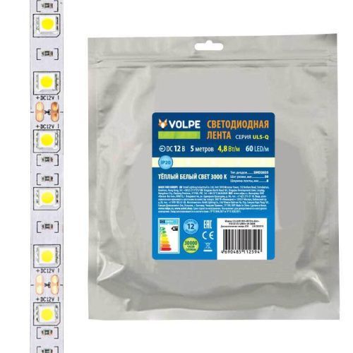 Светодиодная лента Volpe ULS-Q320 ULS-Q320 2835-60LED/m-8mm-IP20-DC12V-4,8W/m-5M-3000K катушка в герметичной упаковке