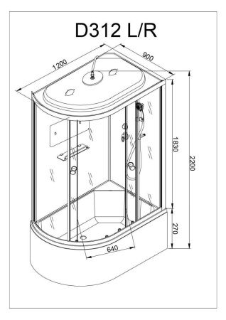 Душевая кабина AvaCan D312SRLED 120х90 асимметричная с крышей ориентация правая