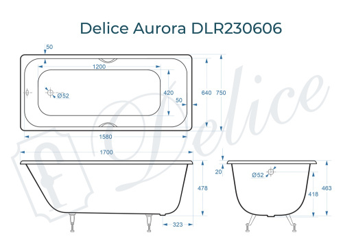 Ванна чугунная Delice Aurora DLR230606 170х75 пристенная прямоугольная без ножек - фото 3