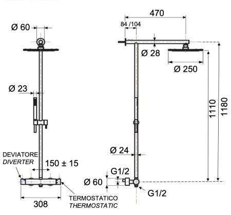 Душевая стойка Remer X Style Inox SSXT37UFM25 настенная с термостатом