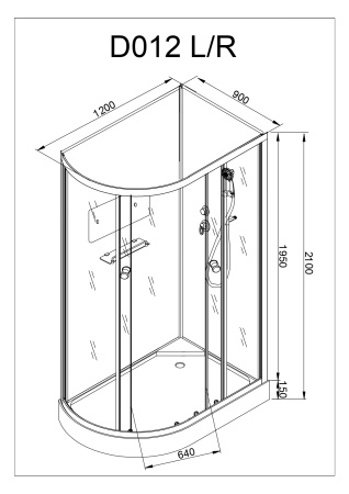 Душевая кабина AvaCan D012R 120х90 асимметричная без крыши ориентация правая
