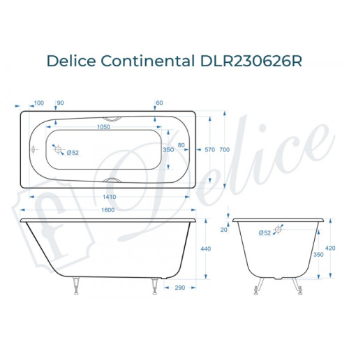 Ванна чугунная Delice Continental DLR230626R 160х70 пристенная прямоугольная - фото 2