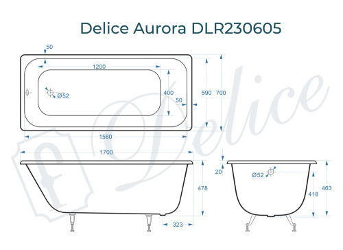 Ванна чугунная Delice Aurora DLR230605 170х70 пристенная прямоугольная без ножек - фото 3