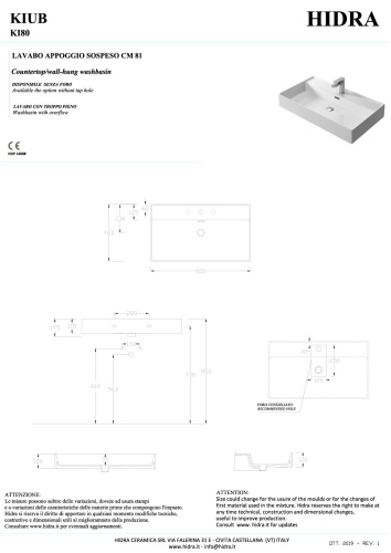 Раковина керамическая Hidra Kiub KI80/026 81х46 подвесная цвет черный матовый 1 отверстие под смеситель - фото 2