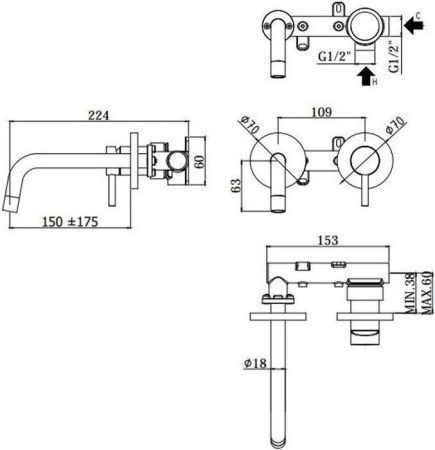 Смеситель для раковины Paffoni Light LIG101NO70 встраиваемый в стену черный