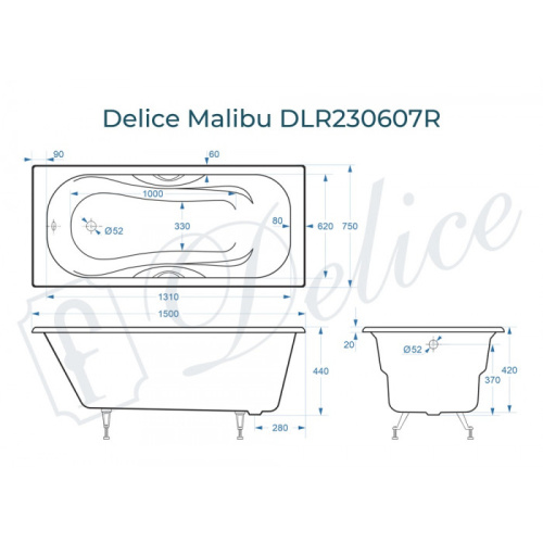 Ванна чугунная Delice Malibu DLR230607R 150х75 пристенная прямоугольная - фото 2