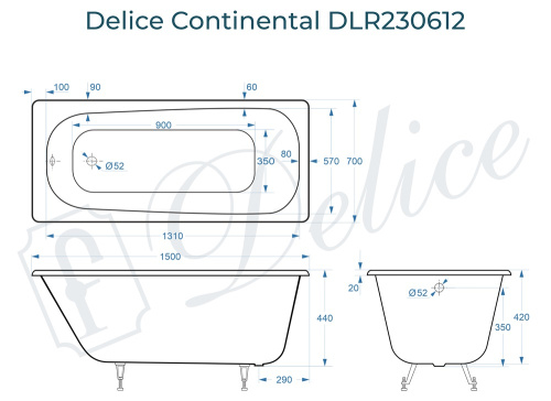 Ванна чугунная Delice Continental DLR230612 150х70 пристенная прямоугольная без ножек - фото 3