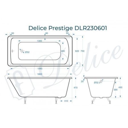 Ванна чугунная Delice Prestige DLR230601 180х75 пристенная прямоугольная без ножек