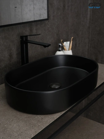 Раковина керамическая Gid Lago 53354 61х39 накладная цвет черный матовый без отверстий под смеситель