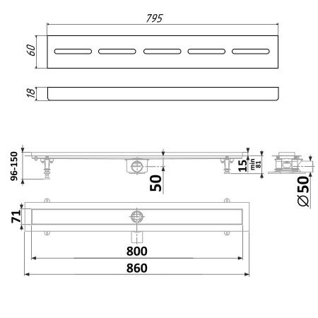 Душевой лоток Timo Standart DP20800-SG20800 85х15 хром