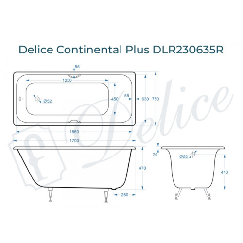 Ванна чугунная Delice Continental PLUS DLR230635R 170х75 пристенная прямоугольная - фото 2