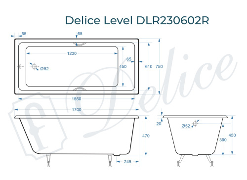 Ванна чугунная Delice Level DLR230602R 170х75 пристенная прямоугольная без ножек с отверстиями под ручки - фото 3