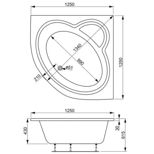 Ванна акриловая Vagnerplast Catalina VPBA125CTM3X-04 125х125 пристенная угловая - фото 2