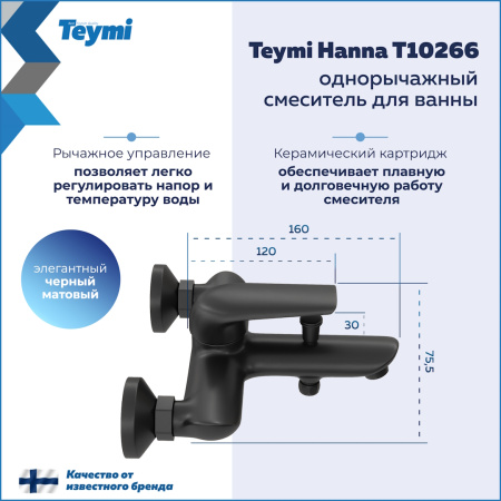 Смеситель для ванны Teymi T10266 настенный черный матовый
