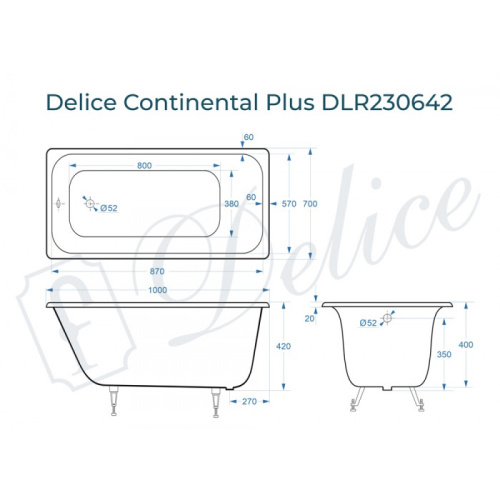Ванна чугунная Delice Continental PLUS DLR230642 100х70 пристенная прямоугольная - фото 2