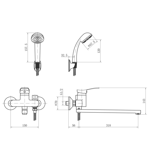 Смеситель для ванны и душа PLSTART  PD22601 настенный хром - фото 2