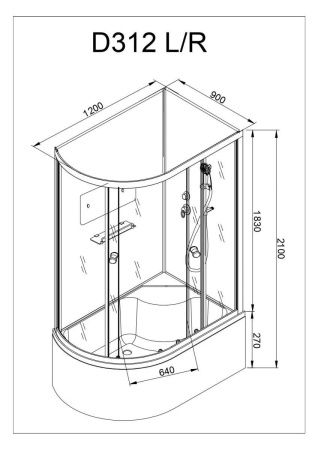 Душевая кабина AvaCan D312R 120х90 асимметричная без крыши ориентация правая