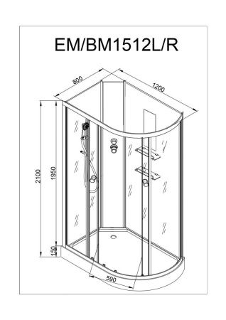Душевая кабина AvaCan EM1512RNLED 120х80 асимметричная без крыши ориентация правая