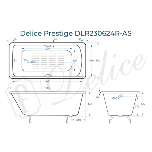 Ванна чугунная Delice Prestige DLR230624R-AS 170х70 пристенная прямоугольная - фото 2