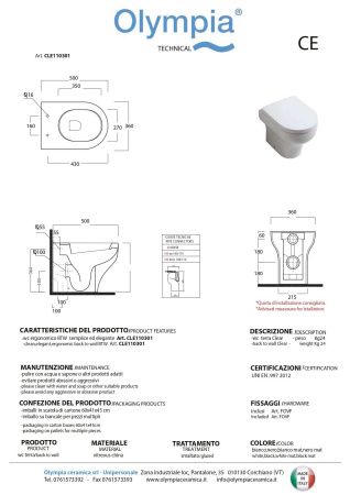Чаша унитаза приставная Olympia Clear CLE1103R11 цвет белый без сиденья безободковая