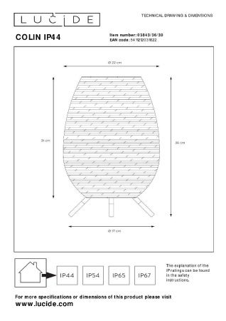 Настольная лампа Lucide Colin ip44 (Цолин ип44) 03843/36/30