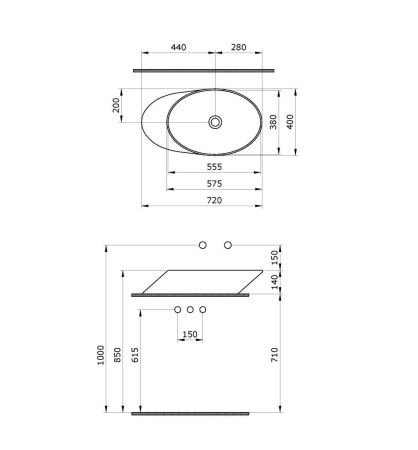 Раковина из сантехнического фарфора Ambassador Ritz 236T20002 70х40 накладная цвет белый без отверстий под смеситель