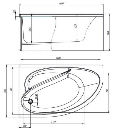Ванна акриловая Timo IVA IVA1610L-KTIVA16-SPV1505-FPIVA16L 160х100 пристенная асимметричная с каркасом