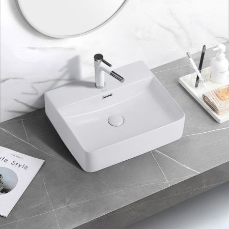 Раковина керамическая Abber RECHTECK AC2203 50х40 накладная цвет белый 1 отверстие под смеситель