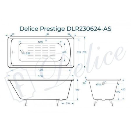 Ванна чугунная Delice Prestige DLR230624-AS 170х70 пристенная прямоугольная без ножек с антискользящим покрытием