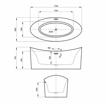Ванна акриловая Wellsee Cerulean 231001000 175х80 отдельностоящая асимметричная с ножками